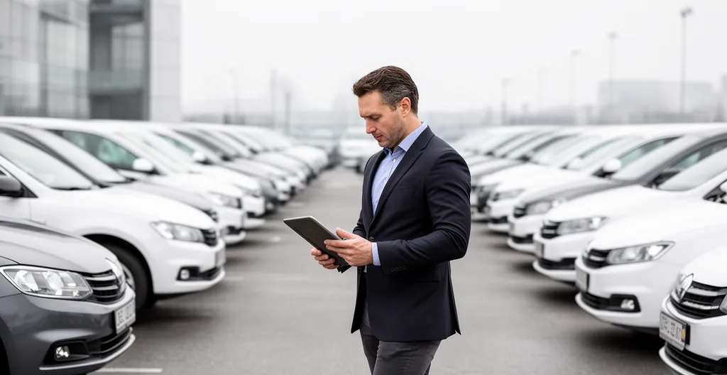 Fleet manager walking through organised rental car lot reviewing tablet device