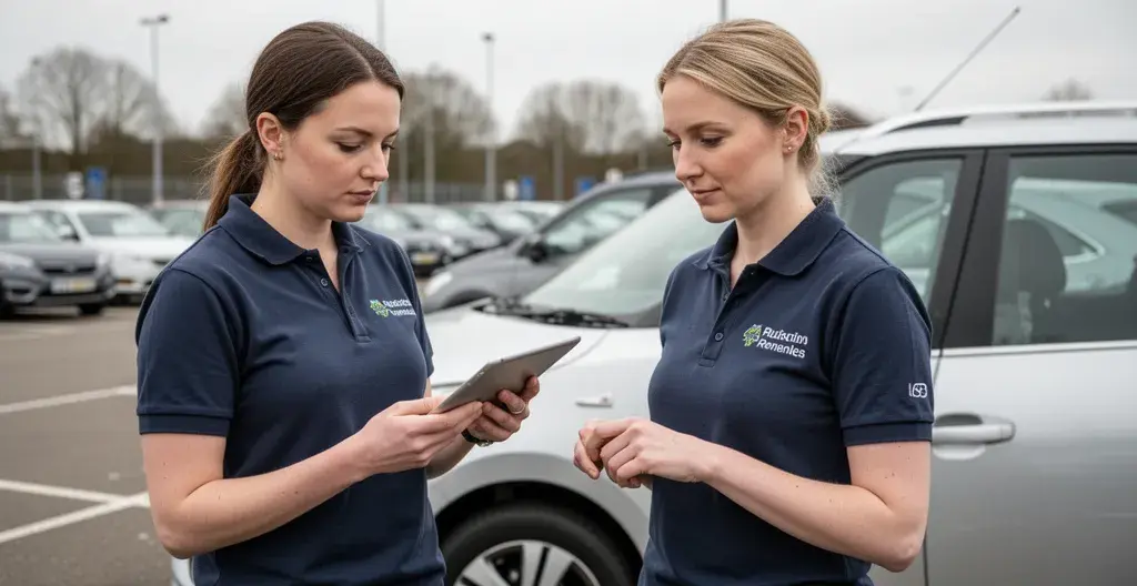 Employee conducting digital vehicle check with tablet at rental car park