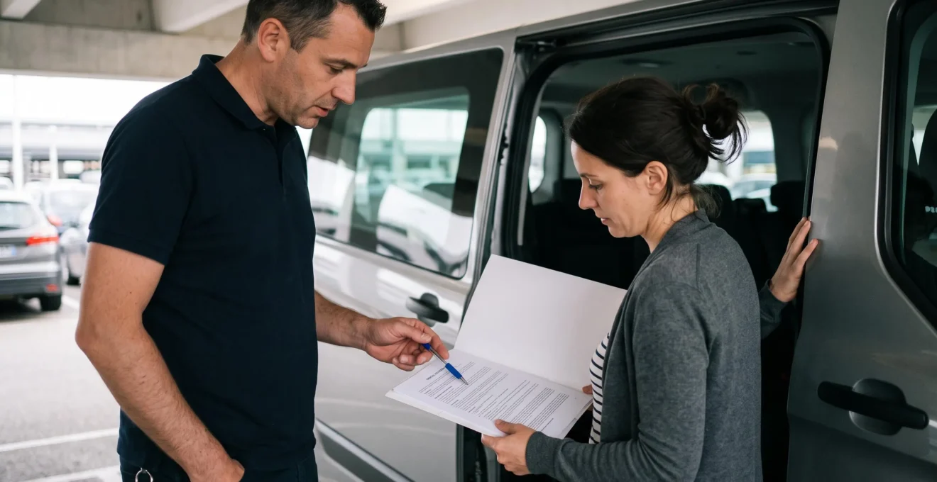 A customer and a rental agent reviewing a minibus rental contract next to the open side door of the vehicle.