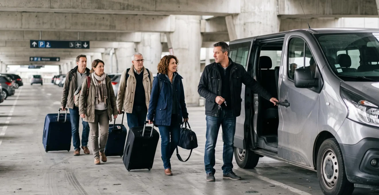 A group of travellers with luggage walking towards a nine-seat minibus in the car park at Paris-Charles de Gaulle airport.