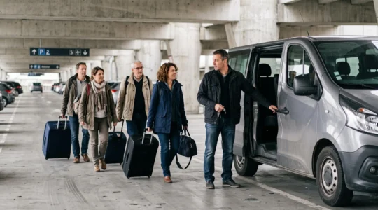 A group of travellers with luggage walking towards a nine-seat minibus in the car park at Paris-Charles de Gaulle airport.