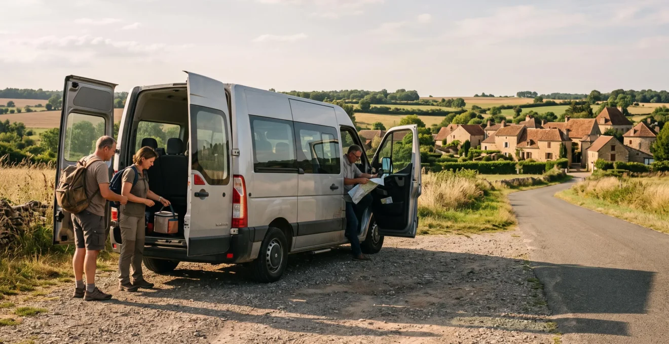 A group on a roadside break beside their minibus on a country road in rural France, with a stone village in the background.